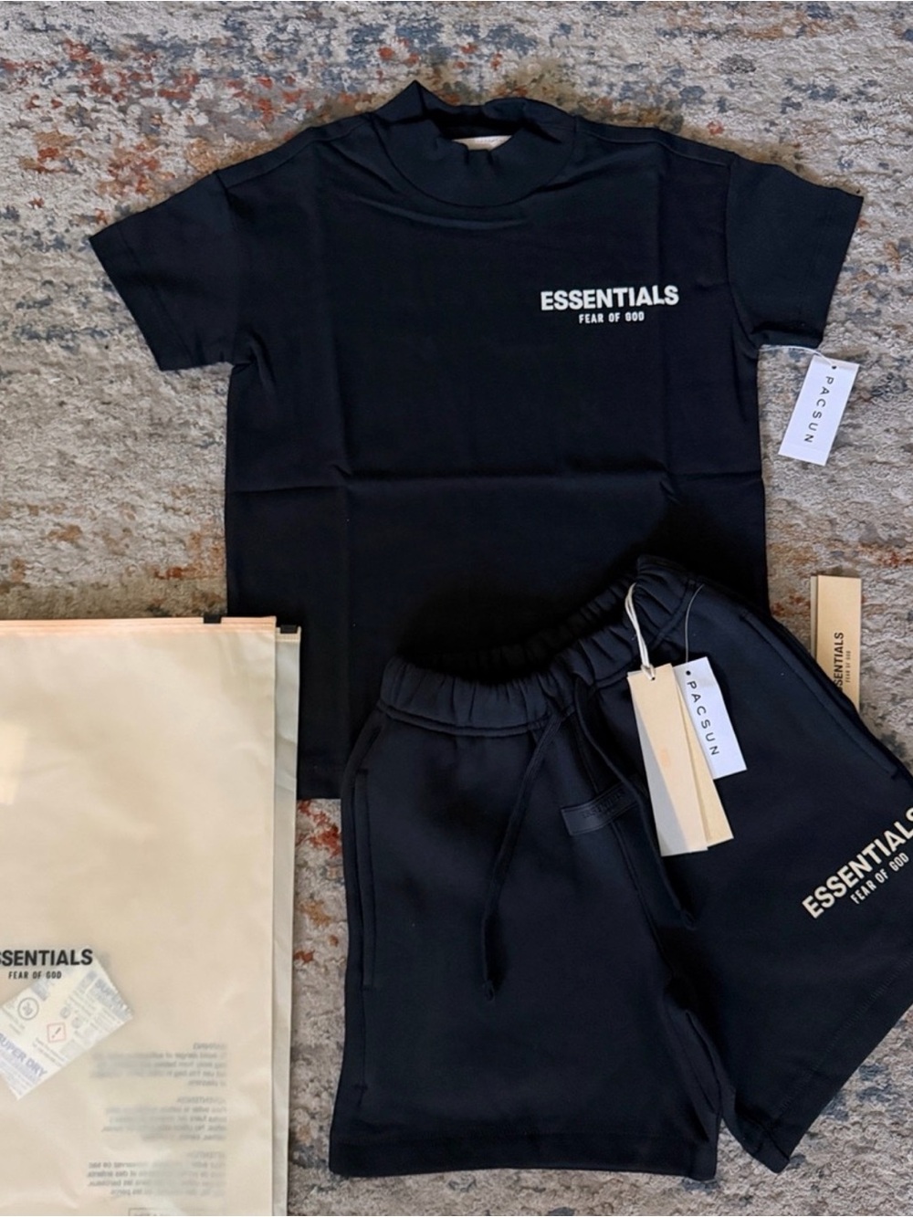 Kids Essentials Black Tee & Shorts Set with White Logo for Boys